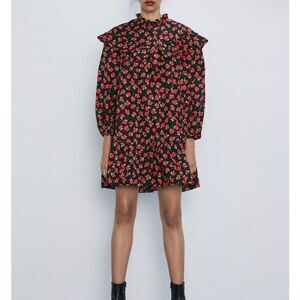 Zara Floral Ruffle Dress Women's Size XS Black Red 100% Cotton Romantic‎ Cottage